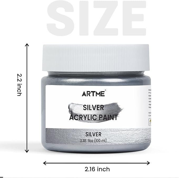 ARTME Metallic Silver Acrylic Paint, 100ml Silver Paint for Art, Hand-crafts, Non-Toxic, Non-Fading, Ideal for Canvas, Wood, Fabric, Ceramic, Stone Craft Supplies