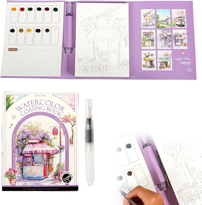 Creative Stress Relief Kit, 3-Fold Watercolor Painting Pad with Coloring Pages, Relaxation Art Set for Beginners and Hobby Artists, Portable Aquarelle Painting Book (E Set)