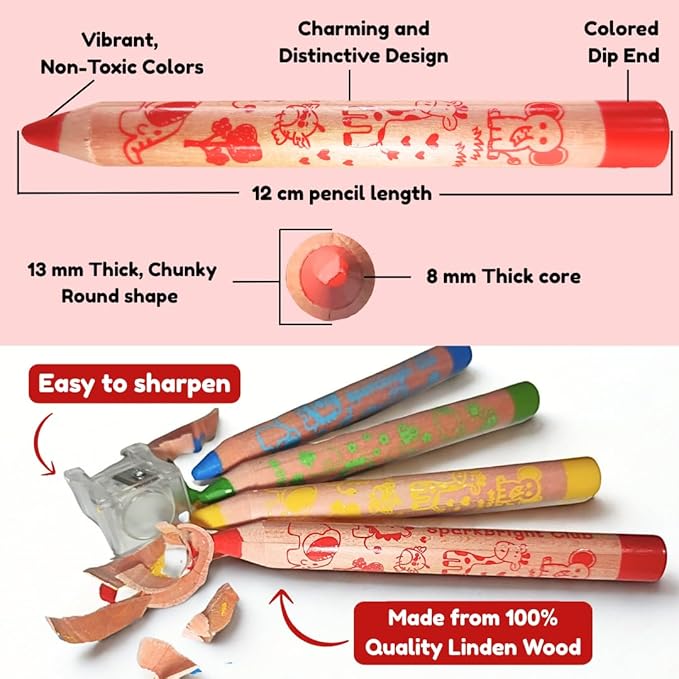 Jumbo Colored Pencils– 3 in 1 function, 12 colors Non-Toxic Toddler Pencils Break-Resistant, Easy Grip Beginner colored Pencils for 2 year plus, Pre-school, Kids, those with special needs.