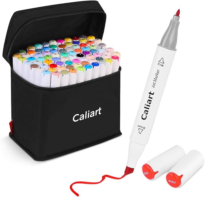 Caliart Alcohol Based Markers, 81 Colors Art Drawing Markers Set Dual Tip Fine & Chisel Permanent Colored Sketch Pens, with Case for Artists Adults Coloring Book Illustration