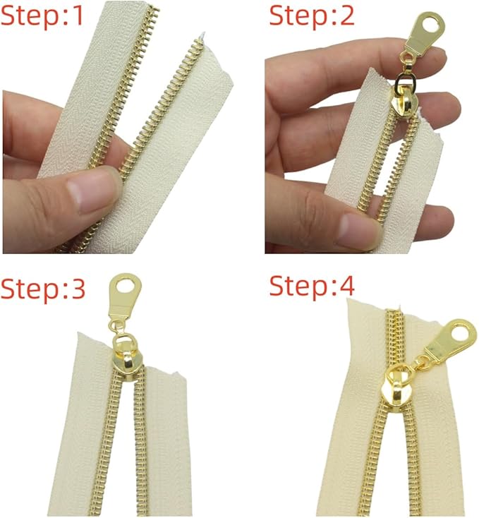 MebuZip #5 Gold Metallic Nylon Coil Zippers by The Yard Bulk Coil Zipper Roll 10 Yards with 25pcs Pulls for DIY Sewing Craft Bags (Beige)