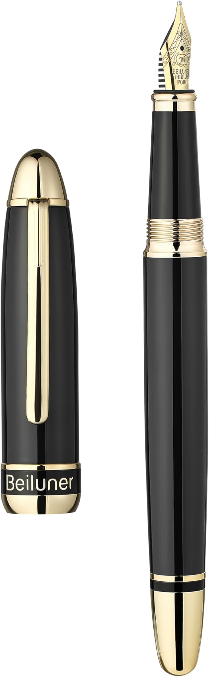 BEILUNER 315 Black Fountain Pen,Stunning Luxury Pens with 24K Gold Accents, Gorgeous 24K Gilded Nib(Medium), Ink Converter,Fancy Pen Gift for Men&Women-Elegant, Office, Reliable, Nice Design