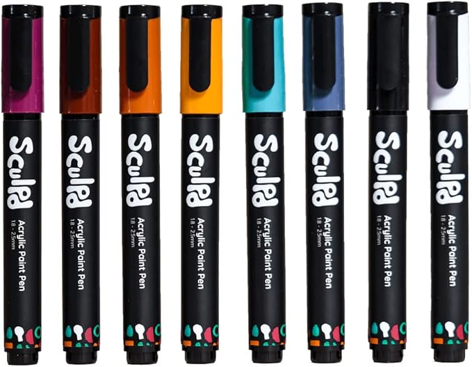 Sculpd Acrylic Paint Pens Set, Mediterranean, Premium Fine Tips for Painting Pottery, Wood, Cardboard, Paper, Glass & Most Other Surfaces, 8 Vibrant Colors for Arts & Crafts