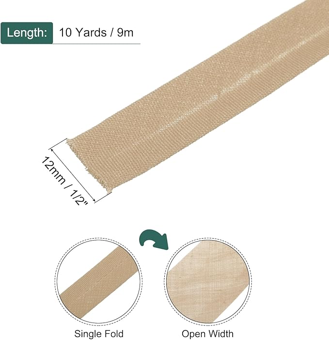 MECCANIXITY 1/2 Inch Single Fold Bias Tape Polyester Continuous Bulk Bias Tape for Sewing,Seaming Quilting Hemming Binding Crafts (Khaki 10 Yards)