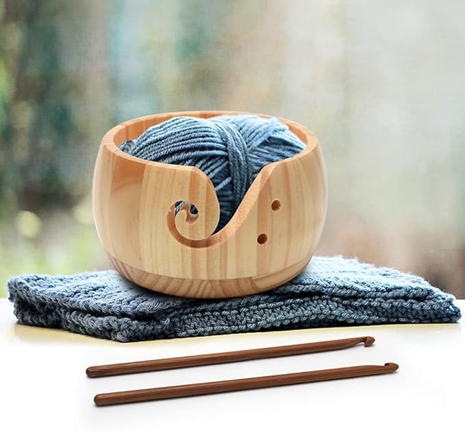 Wooden Yarn Bowl with Bamboo Crochet Hooks, Knitting Accessories DIY Hand Craft Yarn Holder Dispenser Storage Bowl for Skeins, Birthday Gifts for Crocheters Knitting Lovers(Color:Varnish Color)