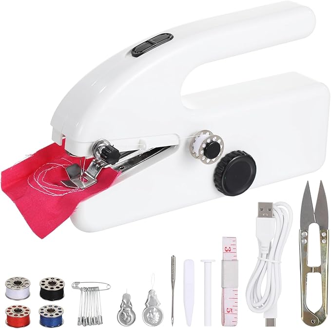 Portable Handheld Sewing Machine Kit - Mini Electric Stitching Machine Hand Held for Beginners, Dual Speeds, USB or Battery Powered, Complete Set with Accessories, DIY Repairs on Clothes, Fabrics