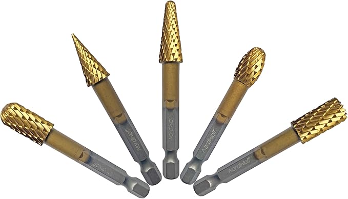 NordWolf 5-Piece Rotary Burr Carving Rasp Files Set, with 1/4" Hex Shank for Metal, Soft Metal, Wood & Plastic Deburring, Shaping, Grooving, Polishing and Grinding
