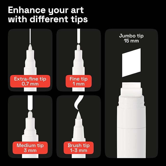 ARTISTRO 5 White Paint Pen for Glass Marking, Rock Painting, Ceramic, Wood, Tire, Fabric, Metal, Canvas - Set of 5 Acrylic Paint Markers Water-based - Different Tips