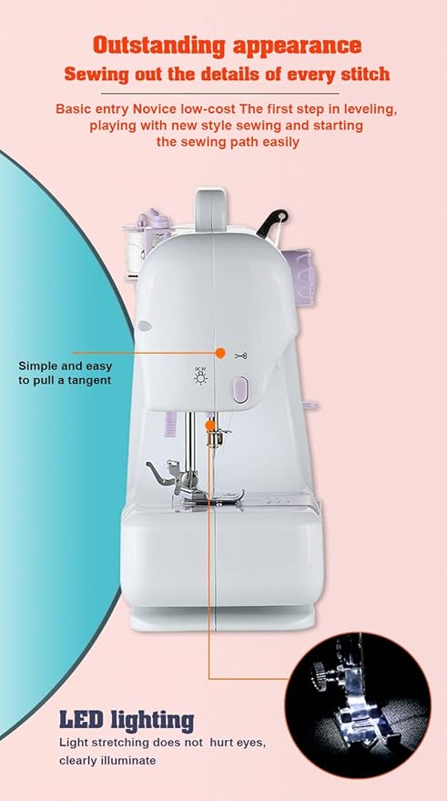 Sewing Machine for Beginners, Portable Mini Sewing Machine with 50 Pcs Fabric and 32 Pcs Sewing Threads Kit, 12 Built-in Stitches 2 Speed with Foot Pedal