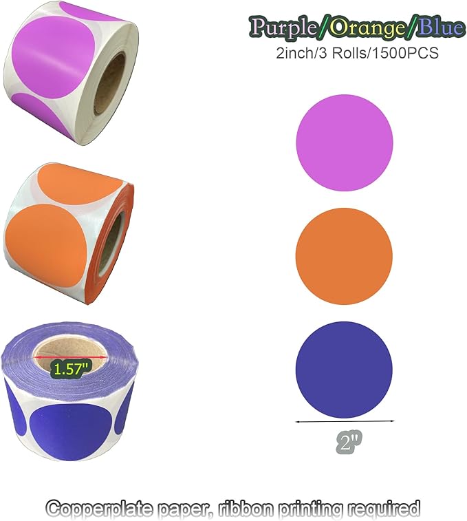Blue Orange Purple 1500 Labels, 2 Inch Round Color Code Dot Stickers for Inventory Organization, Blank Stickers to Write on