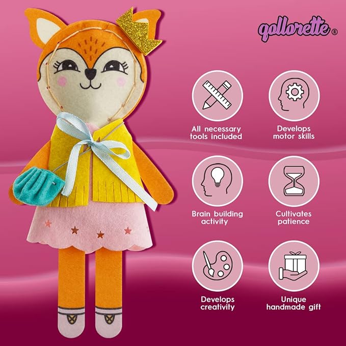 qollorette Felt Sewing Kit for Children, Make Your Own Fox Toy, Kids' Craft Kit - Make A Friend Sew Kit - Beginner Sewing Kit for Kids, Learn to Sew & Play