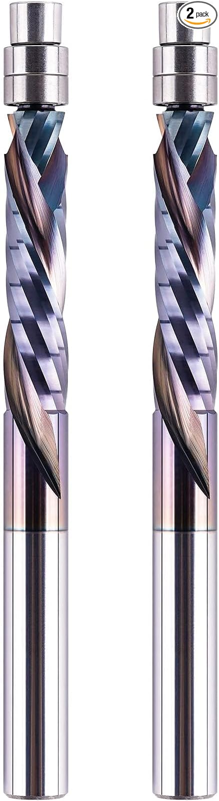 SpeTool 2PCS Compression Spiral Flush Trim Router Bit 1/4" Shank 1-1/8" Cutting Length with TAC Caoted, High-Performance Solid Carbide with Bottom Bearing Pattern Router Bit for Woodwoking