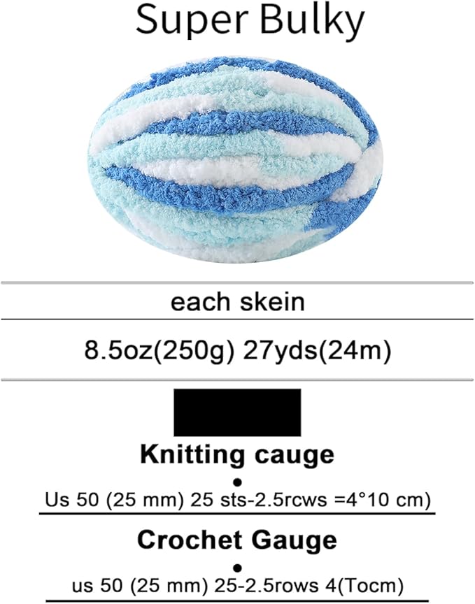 Chunky Yarn for Hand Knitting, No7 Thick Yarn, 250Grams 32Yards, Pack of 4, Perfect for Knitters and Crafters (Fresh Blue)