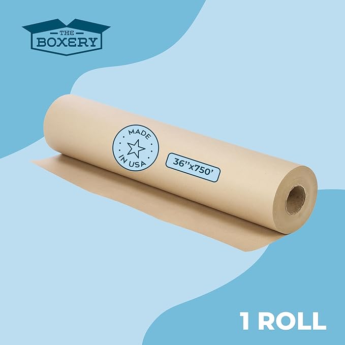 The Boxery Kraft/Brown Kraft Paper Roll, 36” x 9000” (750’)-50lb. Thickness, Heavy Duty Brown Wrapping Paper, Natural Kraft Packing Paper, Void Fill, Arts and Crafts, Bulletin Boards, Gift Wrapping