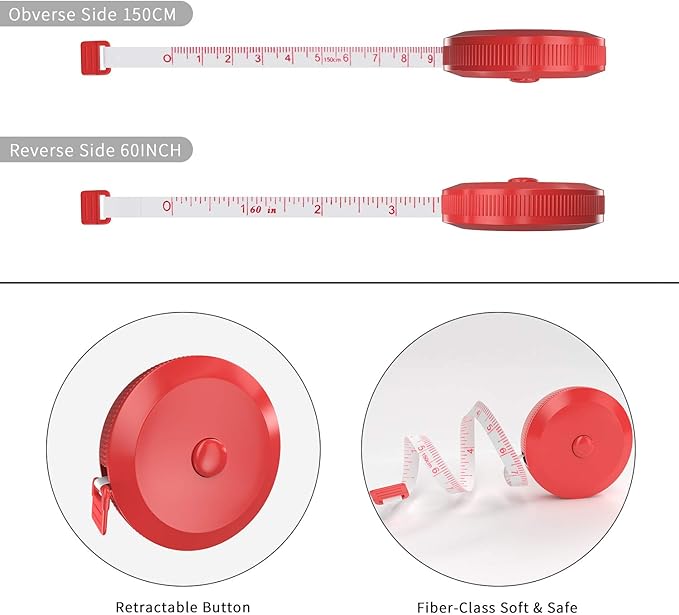 DiCUNO 60-Inch 1.5 Meter Soft and Retractable Tape Measure (3Pcs of Red with Soft Tape)
