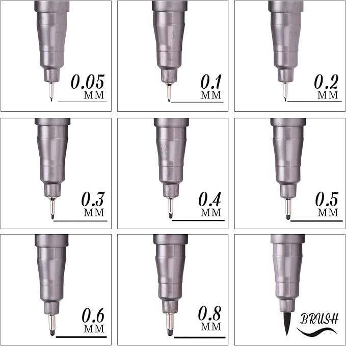 YUANCHENG Precision Micro-Line Pens, Set of 9 Black Micron Fineliner Ink Pens, Waterproof Archival Ink, Multiliner, Sketching, Anime, Artist Illustration, Technical Drawing，Art Watercolor