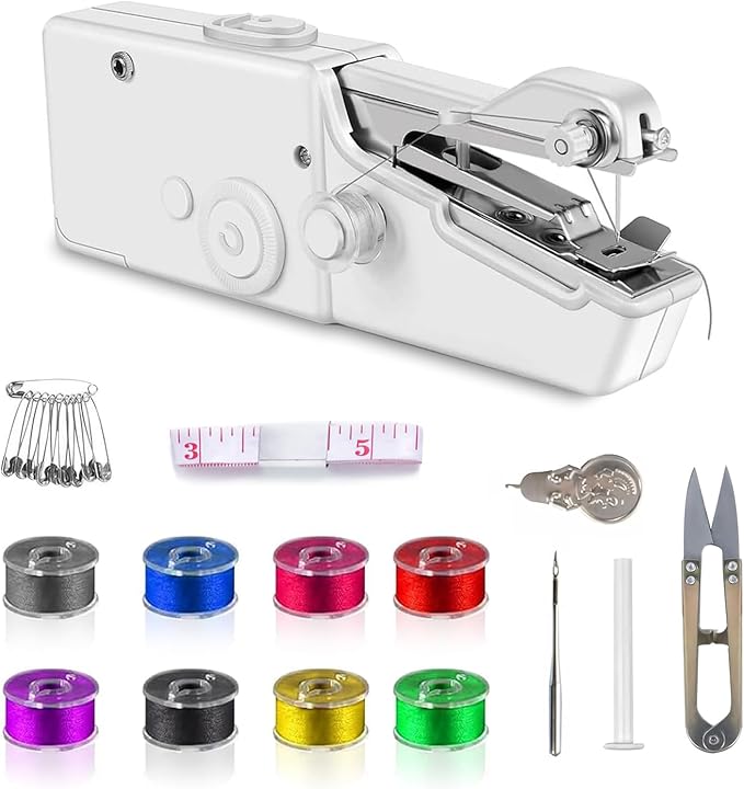 Handheld Sewing Machine, Portable and Easy-to-Use Mini Sewing Machine, Battery and USB Operated, Ideal for Beginners and Home Use - White
