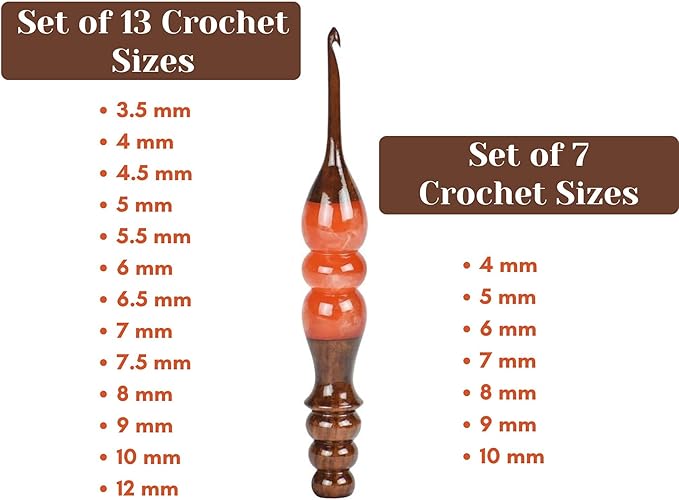 Wooden Crochet Hooks Set for Arthritic Hands | Ergonomic Soft Grip - Resin Mix Indian Rosewood Crochet Hook Set for Crocheting & Knitting (Orange, Set of 7)