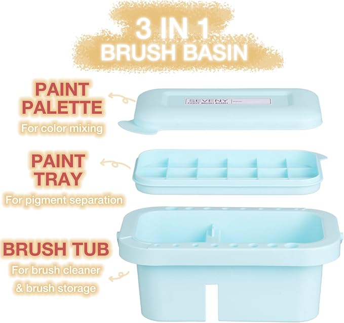 SEVENY Paint Brush Cleaner, Holder and Organizers with Palette,Trays & Rinser for Acrylic, Watercolor, and Water-Based Paints(Blue)