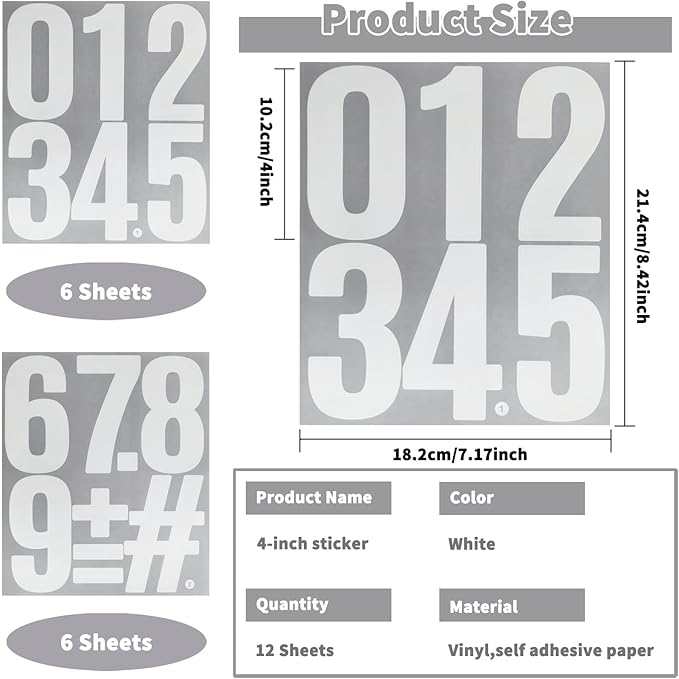 12 Sheets Large Capital Number Stickers,Waterproof & Self Adhesive Alphabet Sticker for Mailbox, Garden, Vehicles，Classroom - White
