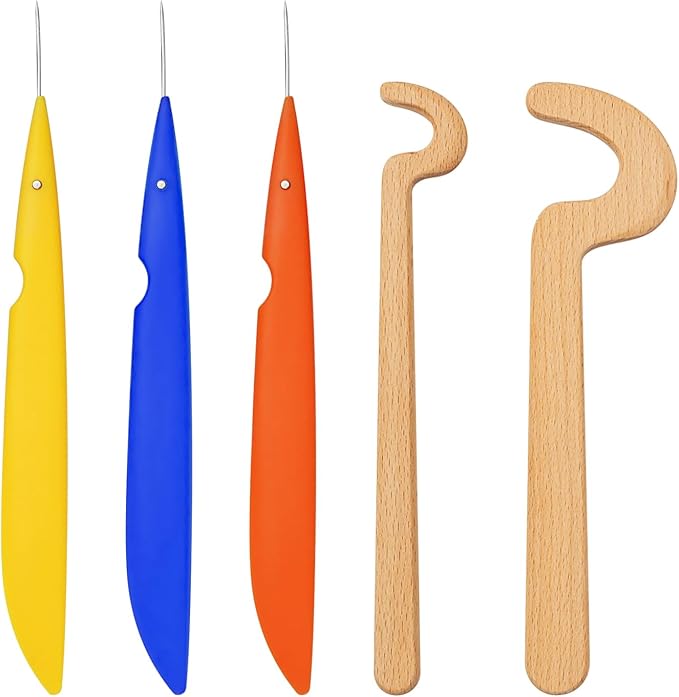 Ceramic Tool Set with 3 Folding Pottery Needle Tools & 2 Wooden Pottery Throwing Tools – for Clay Trimming, Pottery Rim Forming, Detail Carving, Edge Smoothing, Pottery Shaping