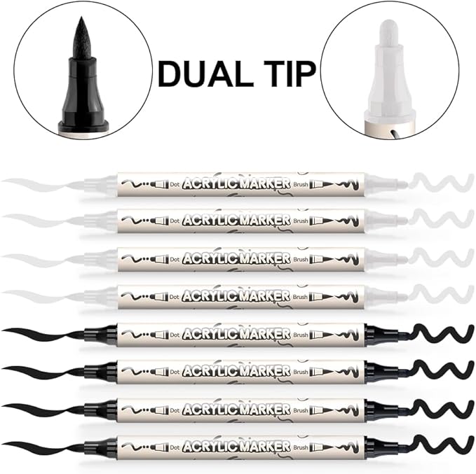 TRANSON 4 Black and 4 White Paint Markers Brush and Bold Dual-tip Acrylic Paint Marker Set for Rock Painting Glass Canvas Wood Leather Ceramic Painting