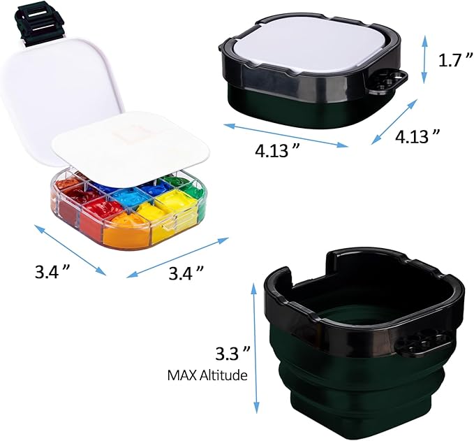 Falling in Art 16 Wells Paint Palette, Airtight Palette Storage Box with Lid and Folding Paint Brush Basin for Watercolor, Gouache and Acrylic Painting, Dark Green