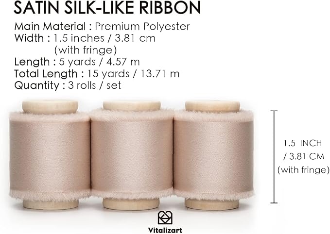 Vitalizart Silk Satin Ribbon 1-1/2 inch x 15 Yard Light Nude Handmade Frayed Ribbons for Gift Wrapping Baby Shower Wedding Bridal Bouquets Holiday Decor