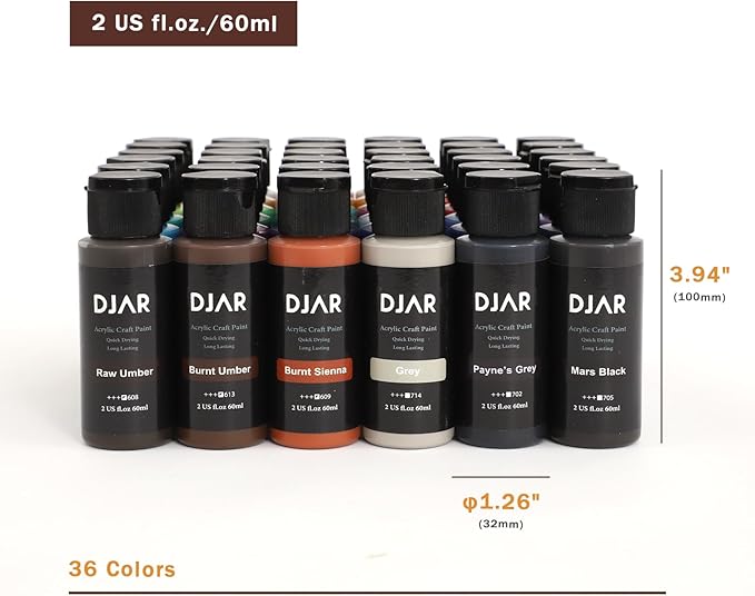 DJAR Acrylic Paint Set, 36 Colors 2 fl oz/60ml Bottles, Art Supplies for Painting Canvas, Glass, Egg, Wood