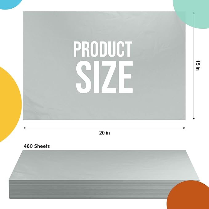 Party Solids Gray Tissue Paper for Gift Bags - 15" X 20" Bulk Tissue Paper Gray 480 Sheets - 10lb Newsprint for Packing, Birthday Gift Box Filler, Packing Supplies for Moving Supplies