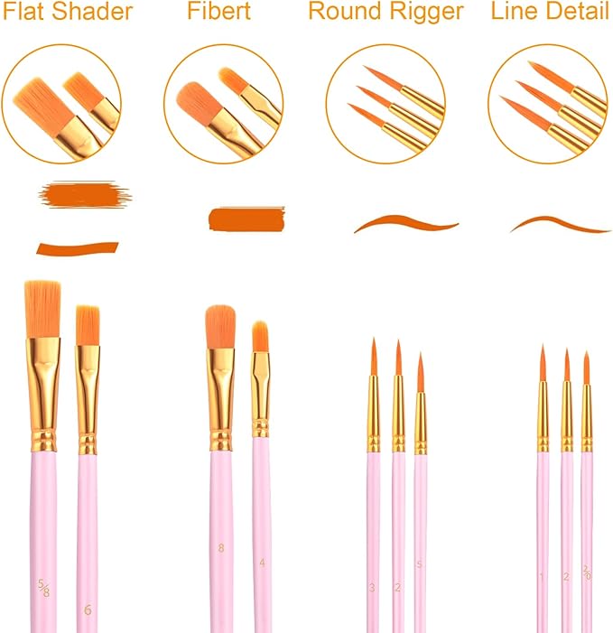 AROIC Acrylic Paint Brushes, 6 Packs/60 pcs Nylon Hair Paint Brush Set for All Purpose Oil Watercolor Painting Artist Professional Kits (Pink)
