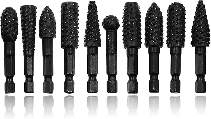 Wood Working Tools Cutting Carving Tools 10pcs Rotary Burr Wood Rasp Files Set for Woodworking with 1/4 Inch Hex Shank Wood Power Tools for Engraving Grinding Polishing