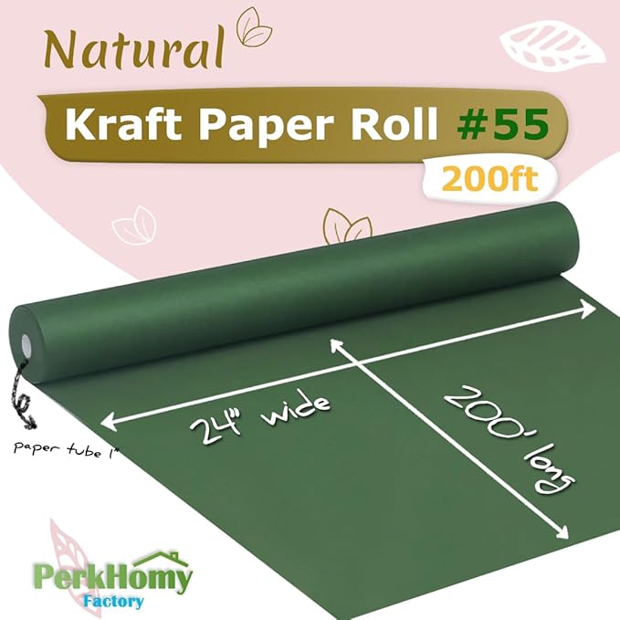 PerkHomy 24" x 2,400" (200') Dark Green Kraft Paper Roll for Craft Bulletin Board Paper Art Table Covering Crafting Gift Wrapping Bouquet Packing Parcel 80GSM 55LB (Dark Green, 24" x 200')