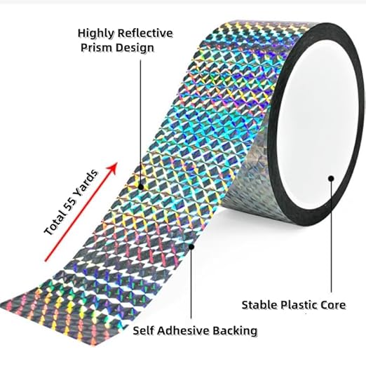 Self-Adhesive Holographic Reflective Tape Prism Tape Holographic Reflective Tape for Keep Birds Away, Craft Projects, DIY Art, Home, Daily Use (Silver, 1 Inch x 55 Yard)