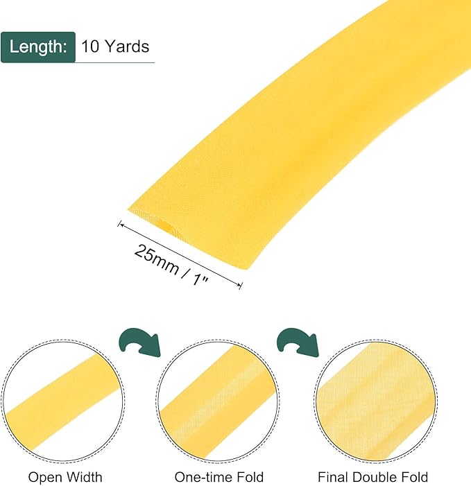 MECCANIXITY 1 Inch Double Fold Bias Tape Polyester Continuous Bulk Bias Tape for Sewing,Seaming Quilting Hemming Binding Crafts (Yellow 10 Yards)