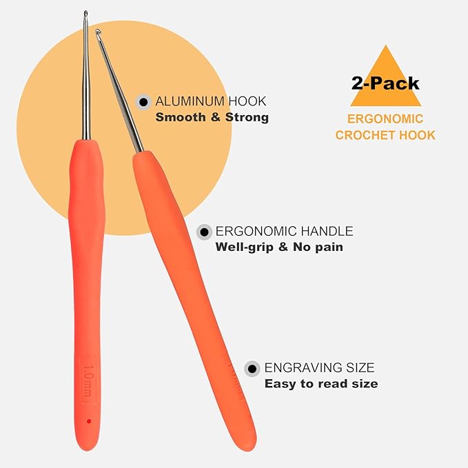 2Pcs 1.0mm Small Crochet Hooks, Ergonomic Small Lace Crochet Hook for Beginners, Crochet Needles for Crocheting, Smooth and Comfortable for Arthritis (1.0mm)