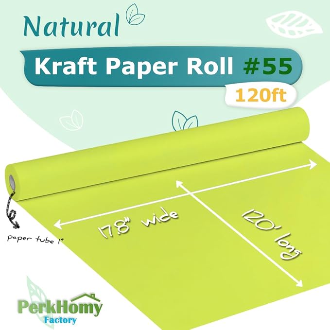PerkHomy 17.8" x 1,440" (120') Neon Green Kraft Paper Roll for Craft Bulletin Board Paper Art Table Covering Crafting Gift Wrapping Bouquet Packing Parcel 80GSM 55LB (Neon, 17.8" x 120')