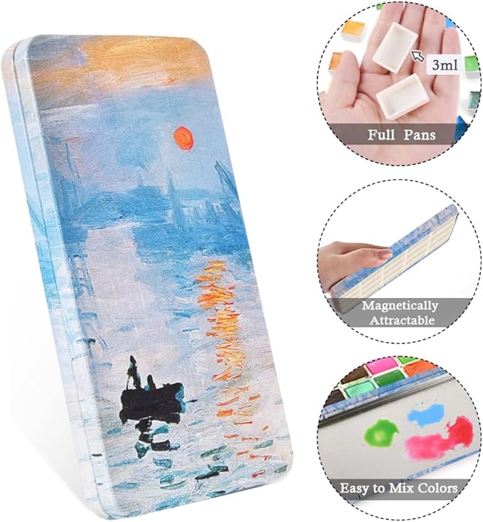 Portable Watercolor Paint Palette with Tins, Lightweight Empty Full Pans with Magnetic Squares, Metal Paint Tray Palettes for Travel, Acrylics Painting and Art, 20Full Pans,Sunrise