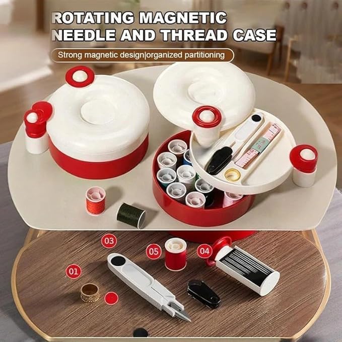 2026 New Rotating Magnetic Design Sewing Kit, Sewing Kit for Adults Box, Rotating Magnetic Sewings Kits, Magnetics Needle Case, DIY Sewings Supplies Organizer Box, Organized Compartments (Red)