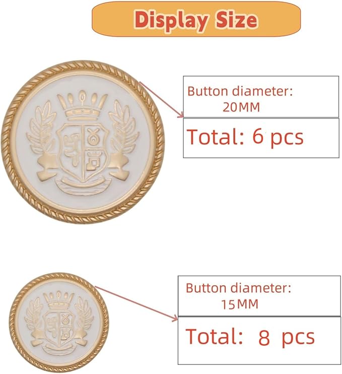 14 Pieces White Gold Metal Blazer Button Set 15mm 20mm for Blazers, Suits, Sport Coats, Uniform, Jackets (MBM35)