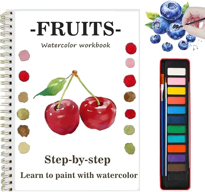 Watercolor Workbooks with Sketches, Beginner Friendly Water Coloring Book Watercolor Paint Set Art Crafts Painting Kit Gift for Adults, Any Level Artist (Fruits, with Paint Set)