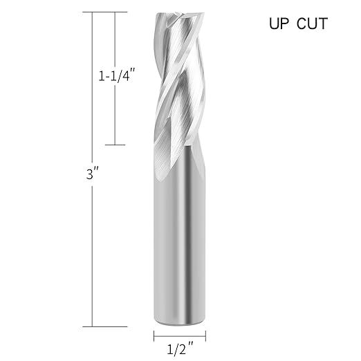 Upcut Spiral Router Bit 3-Flute with 1/2” Shank, 1/2” Cutting Diameter, 1-1/4” Cutting Length, Carbide CNC Router Bits End Mill for Wood Mortises Carving Engraving (3 inch Total Length)