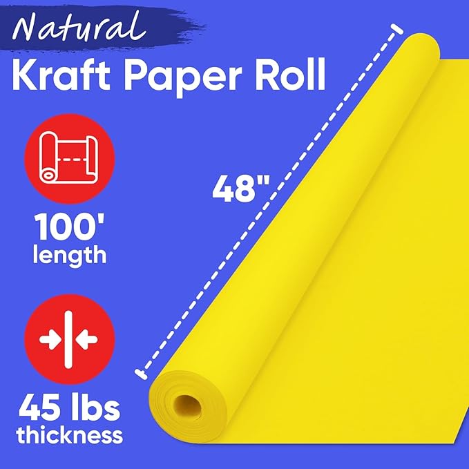 USA Made 48" x 1200" Yellow Kraft Paper Roll, 45 lbs Thickness, American Quality Colored Kraft Paper for School, Poster Arts, Crafts, Bulletin Board - Odorless, Non-Toxic, Safe for Kids