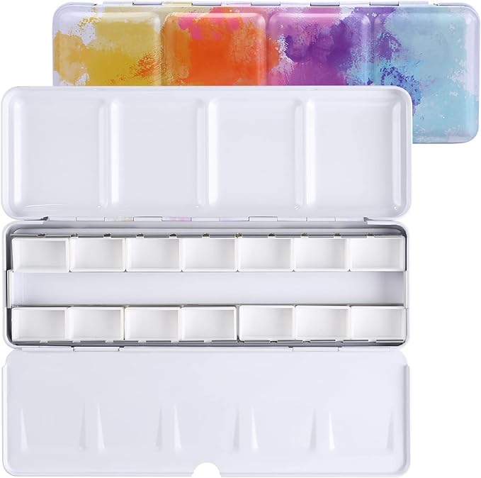 LOONENG Empty Watercolor Palette, Empty Watercolor Tin with Fold Out Palette, Medium Colorful Watercolor Tray Palette with 14 Empty Full Pans for Plein Air Painting and Sketching