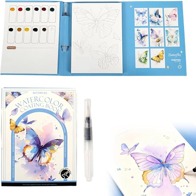 Creative Stress Relief Kit, 3-Fold Watercolor Painting Pad with Coloring Pages, Relaxation Art Set for Beginners and Hobby Artists, Portable Aquarelle Painting Book (B Set)
