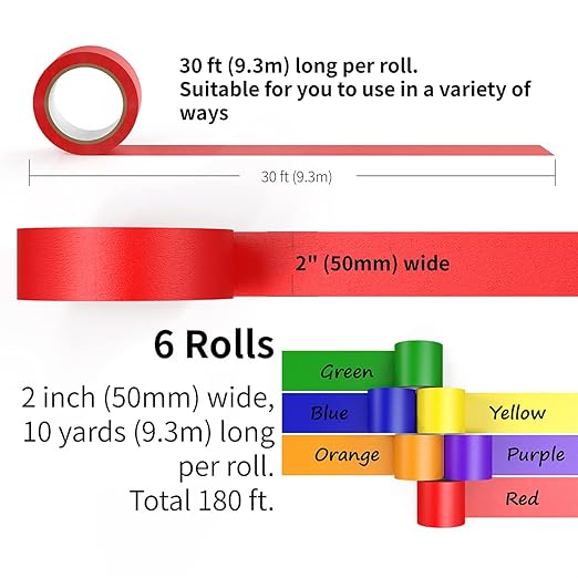 Colored Masking Tape Thick, Color Painters Tape for Kids, 6 Rolls 2 inch Wide x 10 Yards Each, Colorful Paper Tapes Rainbow Colors for Labeling Packing, Painter Tape Variety Pack, Craft Tape
