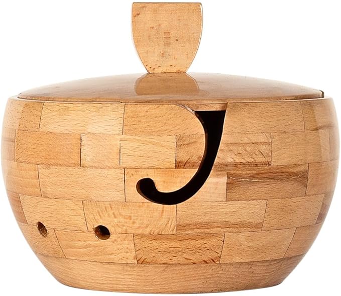Wooden Large Yarn Bowl with Lid (7.5x4.5) – Yarn Holder with Cover for Crocheting & Knitting – Crochet Bowl with Handle & Hooks – Christmas Gift for Crafters