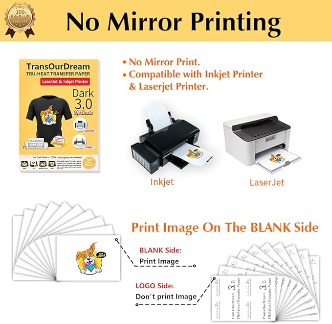 TransOurDream Iron on Heat Transfer Paper for Dark T Shirts (100 Sheets 8.5x11, Dark 3.0) Printable HTV Heat Transfer Vinyl for Inkjet & Laserjet Printer Iron On transfers for T Shirts (TRANS-D3-100)