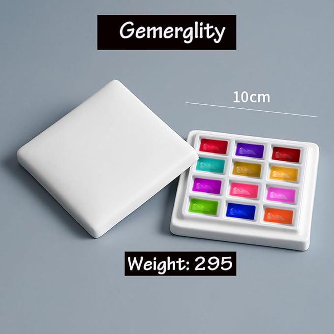 12 Wells Ceramic Palette with Covers Porcelain Paint Palette Mixing Tray for Painting Watercolor Gouache Arts & Crafts Accessories Organizer Mixing Colors