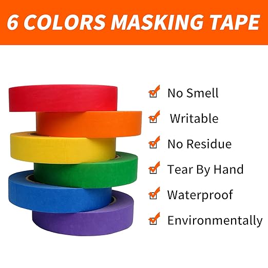 Colored Masking Tape, 6 Rolls Painters Tape 1" x 55yd, Colorful Craft Tape, Rainbow Labeling Tape for Arts Crafts DIY, Decorative Paper Tape for Kids